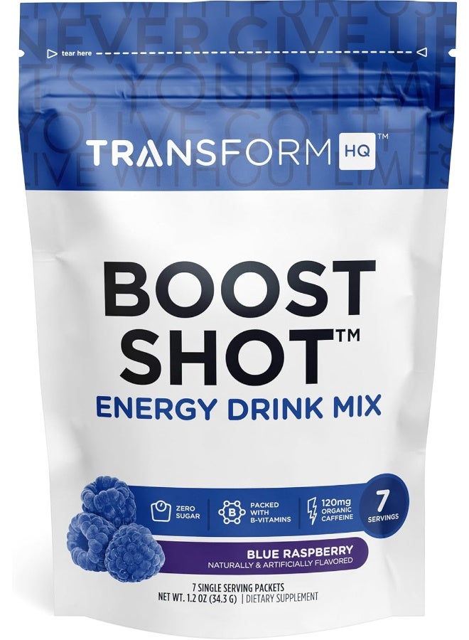 TransformHQ Boost Shot Powder Drink Stick Packets, Blue Raspberry, 7 Pack, Energy Supplements - Image 1