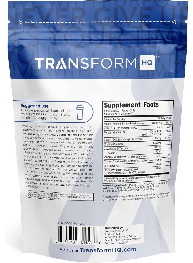 TransformHQ Boost Shot Powder Drink Stick Packets, Blue Raspberry, 7 Pack, Energy Supplements - Image 2