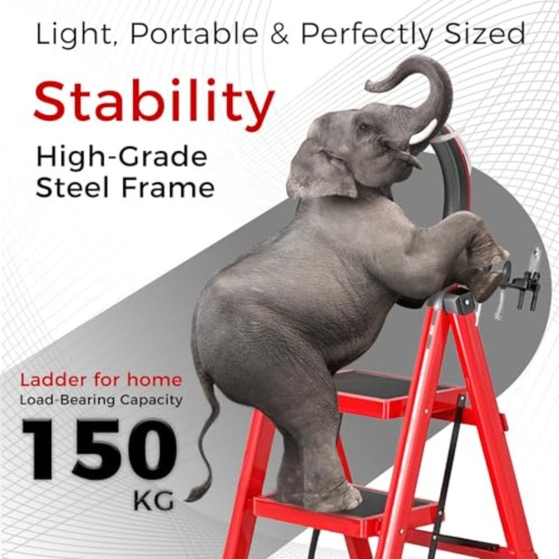 Foldable Ladder 3 Steps Heavy Duty Steel for Home Kitchen Garden Garage Storage with Wide Anti-Slip Pedal Compact Design Red - Image 4