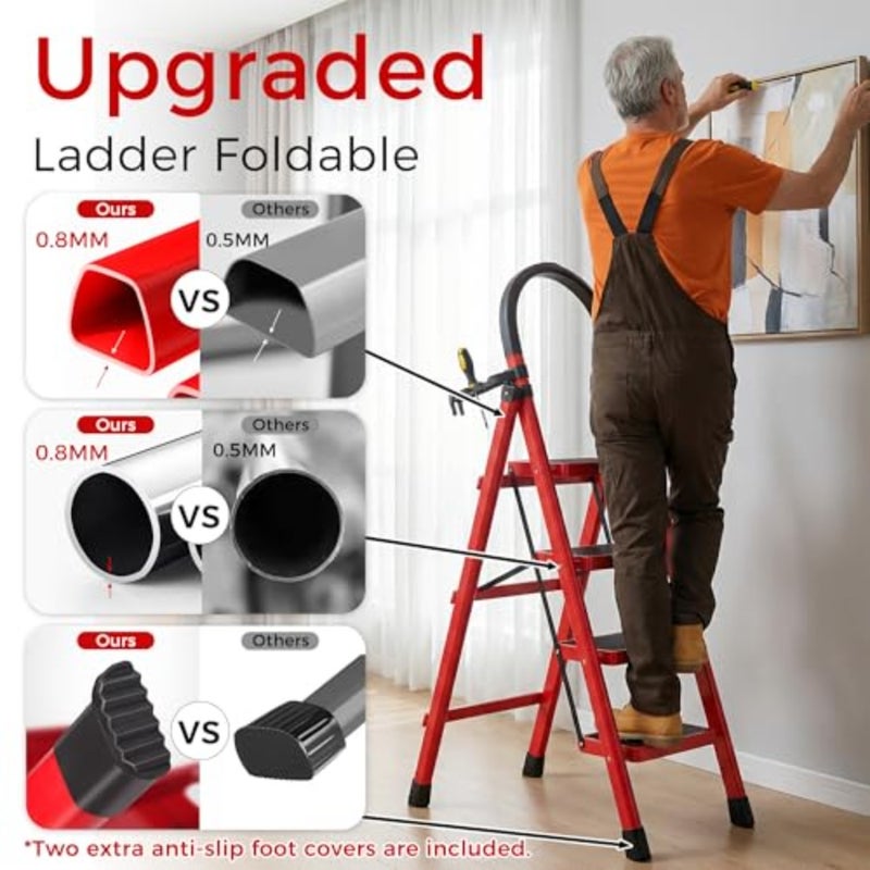 Foldable Ladder 3 Steps Heavy Duty Steel for Home Kitchen Garden Garage Storage with Wide Anti-Slip Pedal Compact Design Red - Image 2