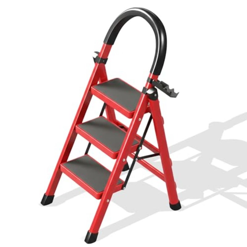 Foldable Ladder 3 Steps Heavy Duty Steel for Home Kitchen Garden Garage Storage with Wide Anti-Slip Pedal Compact Design Red - Image 1