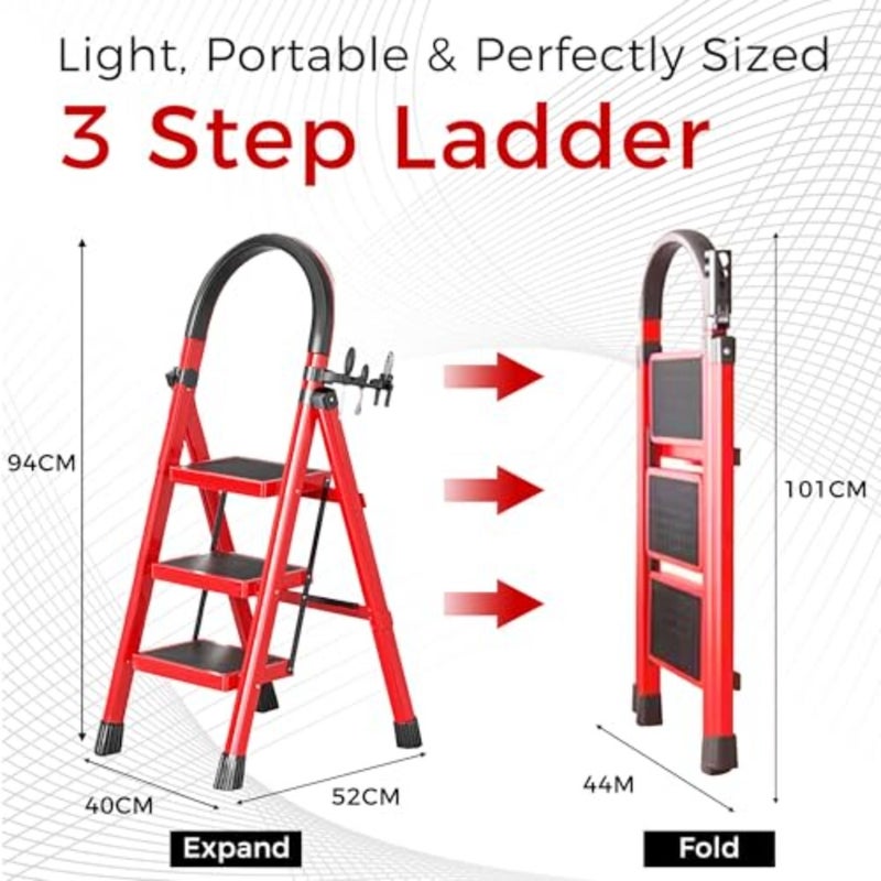 Foldable Ladder 3 Steps Heavy Duty Steel for Home Kitchen Garden Garage Storage with Wide Anti-Slip Pedal Compact Design Red - Image 3