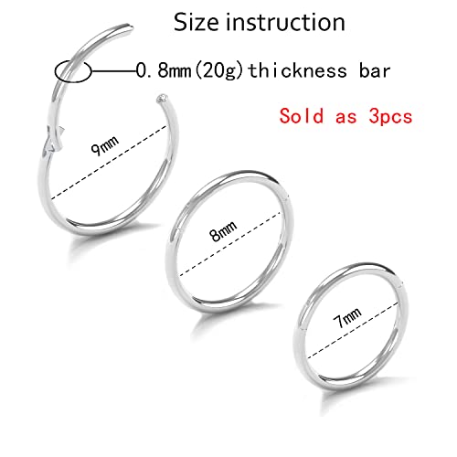 NewkeepsR 3PCS-0.8mm(20g) 316L Surgical Steel Hinged Clicker Segment Seamless Rings, Lobe Cartilage Tragus Earring Nose Hoop-7/8/9mm - Image 2