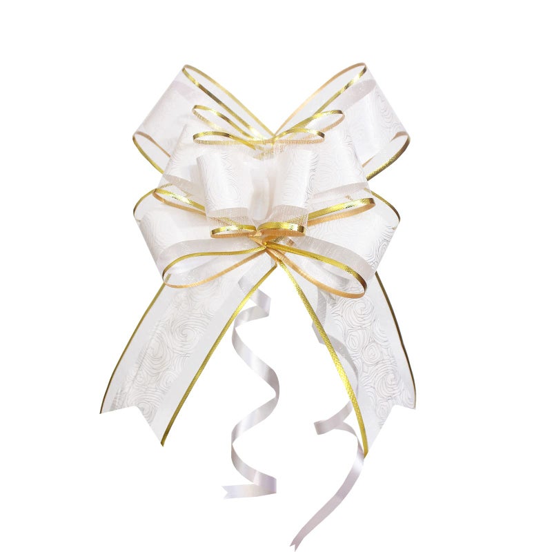 Pull Bows for Gift Wrapping 15 PCS Large Gift Bow Bulk for Presents Package Gift Baskets Christmas Wedding and Party Decor White with Tulle Gold line 6 inches