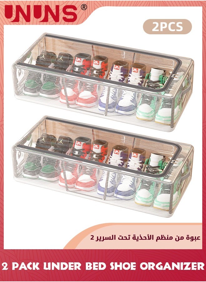 UNUNS - Under Bed Shoe Storage Organizer,Set Of 2 Large Containers,Each Fits 12 Pairs Of Shoes,Sturdy Underbed Shoes Container With Handles And Clear Window,Foldable Shoe Storage For Kids And Adults,Clear,60X30X16CM - Image 1