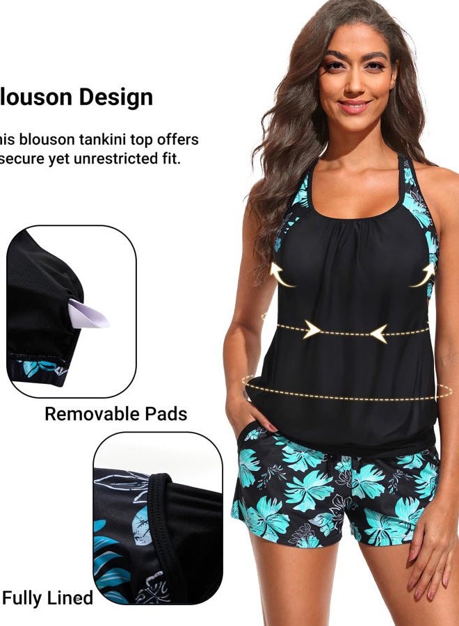 Daci Tankini Swimsuits for Women - 2025 Tummy Control Two Piece Bathing Suit with Sporty Pockets Shorts Blouson Swimwear, Green Floral, XXL - Image 4