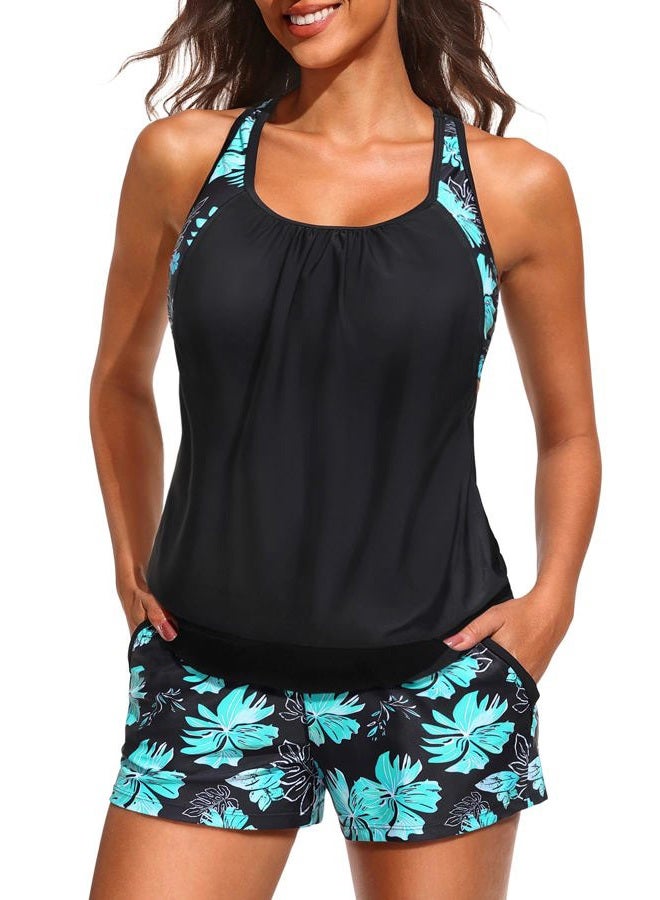 Daci Tankini Swimsuits for Women - 2025 Tummy Control Two Piece Bathing Suit with Sporty Pockets Shorts Blouson Swimwear, Green Floral, XXL - Image 1