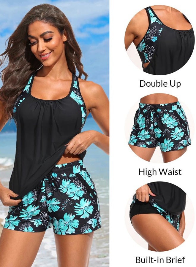 Daci Tankini Swimsuits for Women - 2025 Tummy Control Two Piece Bathing Suit with Sporty Pockets Shorts Blouson Swimwear, Green Floral, XXL - Image 3