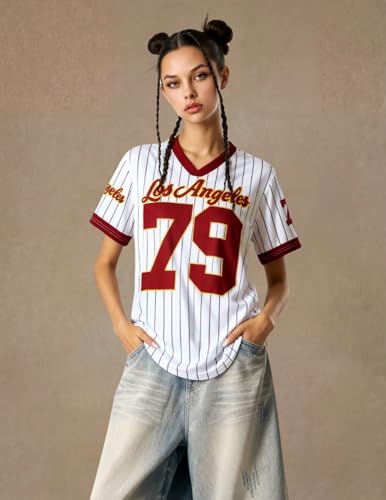 Vamtac Striped Jersey Shirts for Men Baggy Y2K V Neck Number Graphic Tees Summer Tops Bright Red XL - Image 4