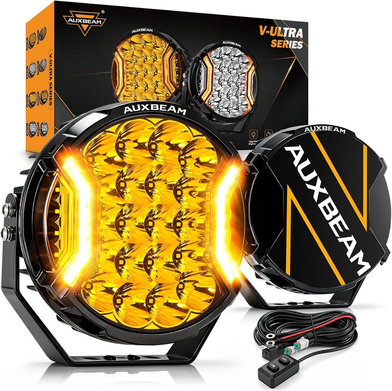 أوكسبيم أضواء LED خارج الطرق من سلسلة V-Ultra مقاس 9 بوصة دائرية برتقالية، بقوة 35600 لومن و300 وات مع أضواء النهار، حزمة إضاءة قيادة عالية الطاقة 3 في 1، أضواء ضباب جانبية 270 درجة لشاحنات 4x4 والجيب وفورد ومركبات ATV وUTV، عبوة مزدوجة. - Image 1