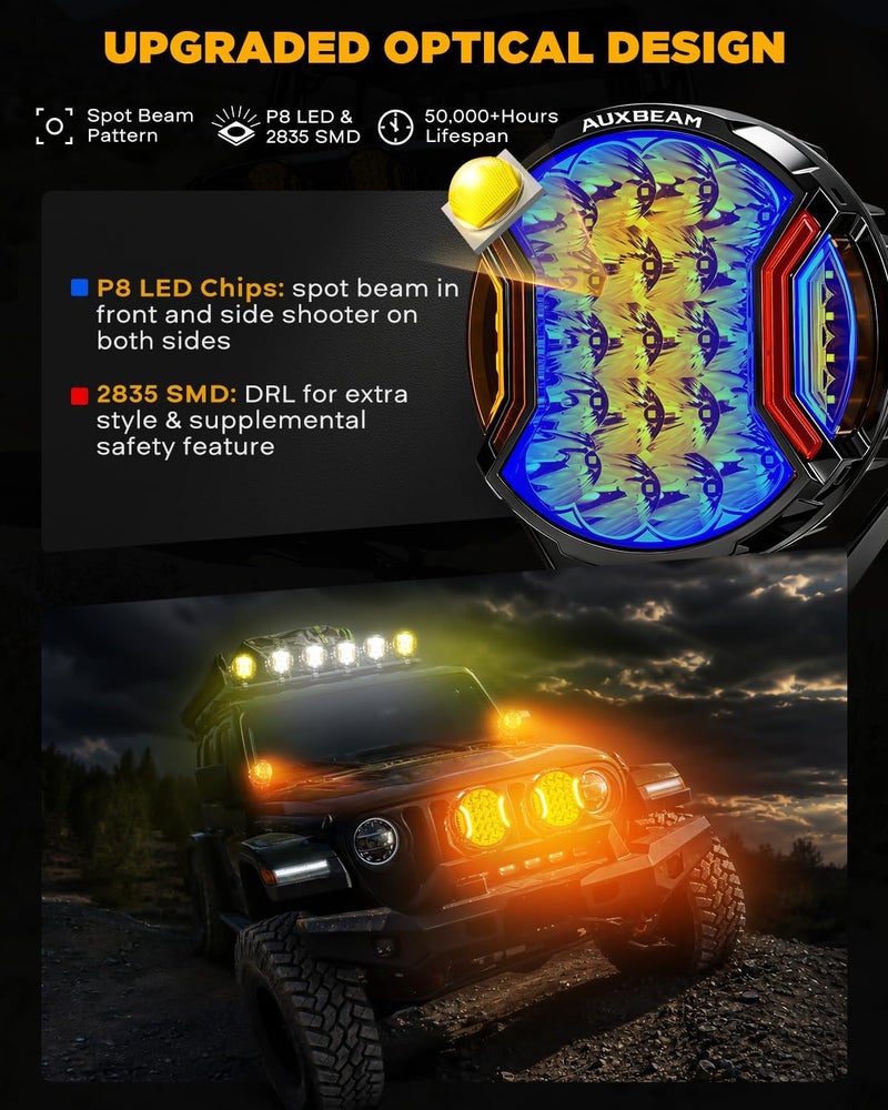 أوكسبيم أضواء LED خارج الطرق من سلسلة V-Ultra مقاس 9 بوصة دائرية برتقالية، بقوة 35600 لومن و300 وات مع أضواء النهار، حزمة إضاءة قيادة عالية الطاقة 3 في 1، أضواء ضباب جانبية 270 درجة لشاحنات 4x4 والجيب وفورد ومركبات ATV وUTV، عبوة مزدوجة. - Image 3