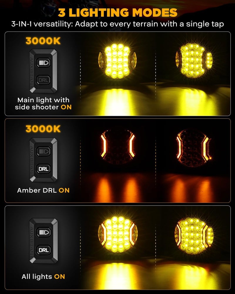 أوكسبيم أضواء LED خارج الطرق من سلسلة V-Ultra مقاس 9 بوصة دائرية برتقالية، بقوة 35600 لومن و300 وات مع أضواء النهار، حزمة إضاءة قيادة عالية الطاقة 3 في 1، أضواء ضباب جانبية 270 درجة لشاحنات 4x4 والجيب وفورد ومركبات ATV وUTV، عبوة مزدوجة. - Image 4