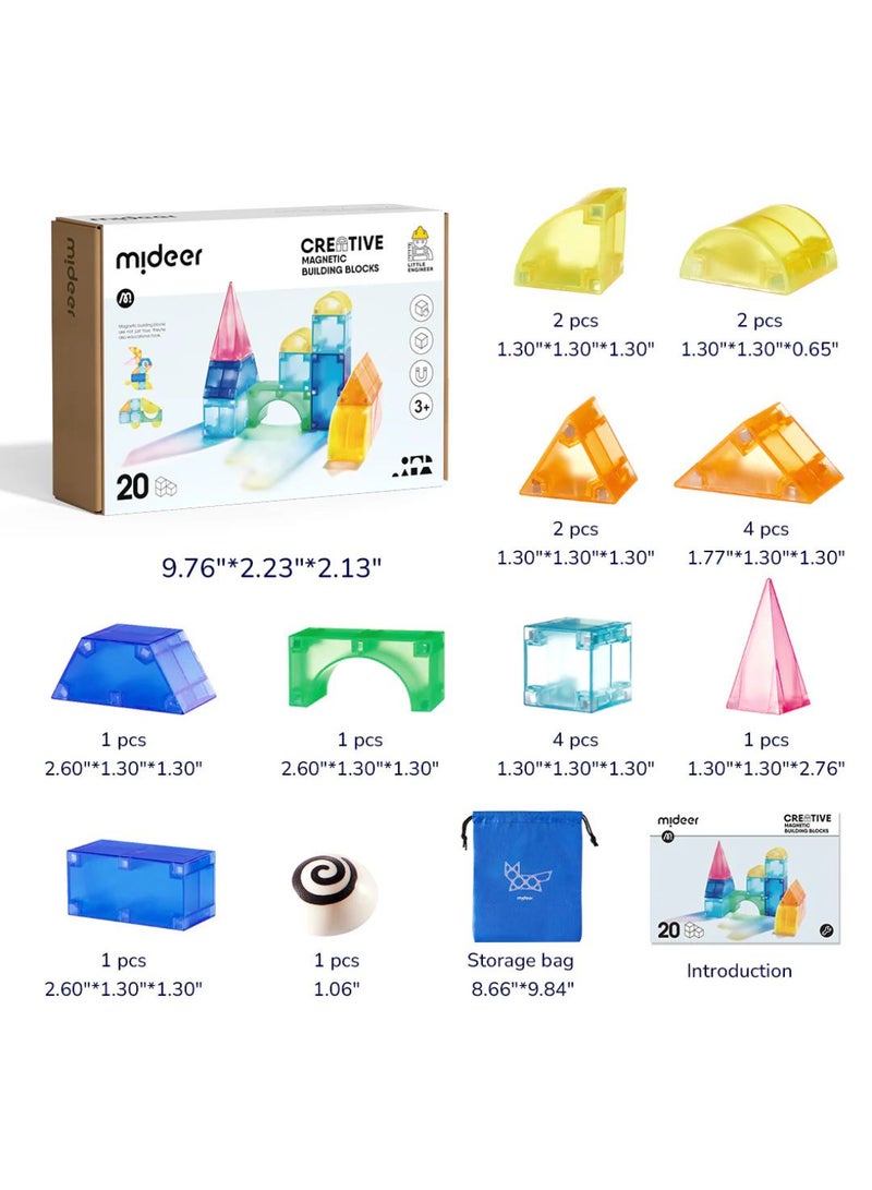 MiDeer Creative Magnetic Building Blocks – 20PCS | No-Polarity Magnetic Construction Toy Set | Translucent Color Tiles with Storage Bag | STEM Toy for Kids Ages 3+ - Image 2