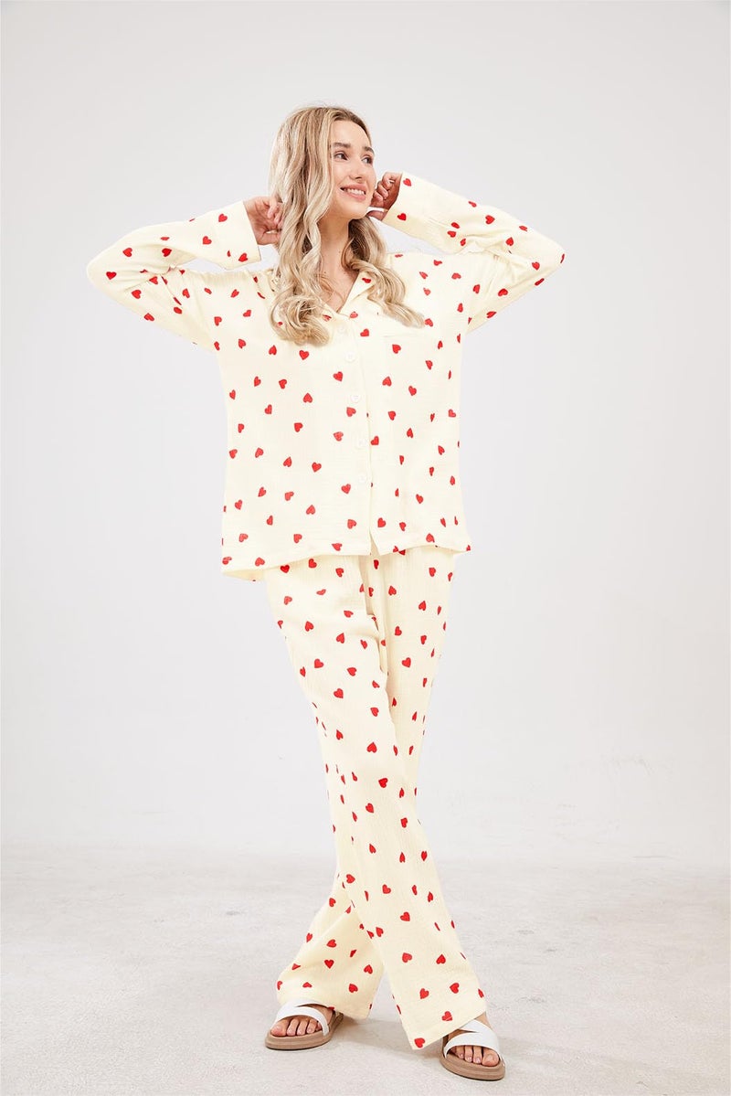 codcm Womens Pajama Sets Cotton Pj Set Cute Heart Print Long Sleeve Button Shirt With Pants(Apricot,Small) - Image 3