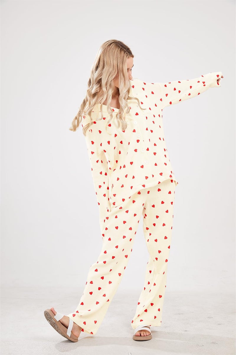 codcm Womens Pajama Sets Cotton Pj Set Cute Heart Print Long Sleeve Button Shirt With Pants(Apricot,Small) - Image 5