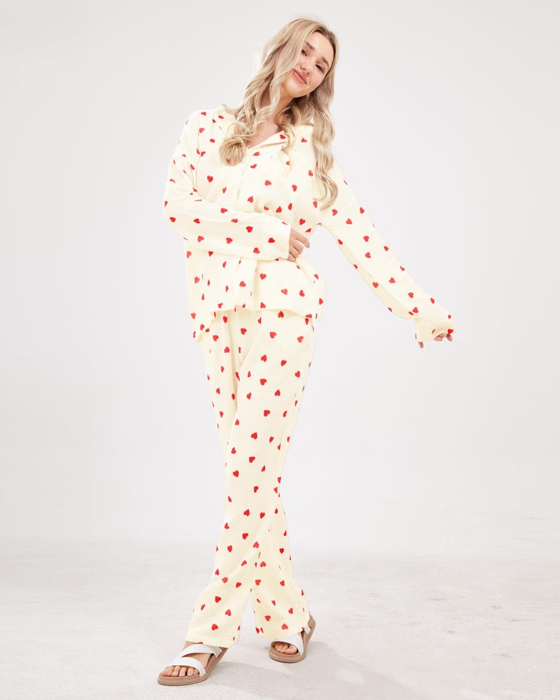 codcm Womens Pajama Sets Cotton Pj Set Cute Heart Print Long Sleeve Button Shirt With Pants(Apricot,Small) - Image 4