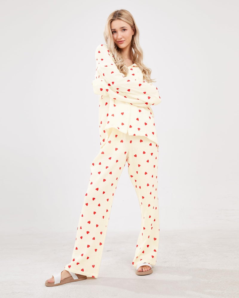 codcm Womens Pajama Sets Cotton Pj Set Cute Heart Print Long Sleeve Button Shirt With Pants(Apricot,Small) - Image 2