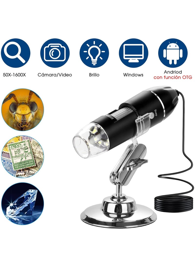 Generic - USB Digital Microscope 50X to 1600X - Portable Electron Microscope with 8 LED Magnification and Metal Stand - Image 1