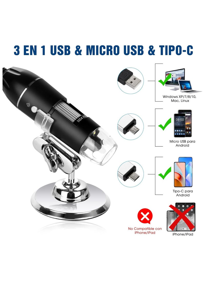 Generic - USB Digital Microscope 50X to 1600X - Portable Electron Microscope with 8 LED Magnification and Metal Stand - Image 1