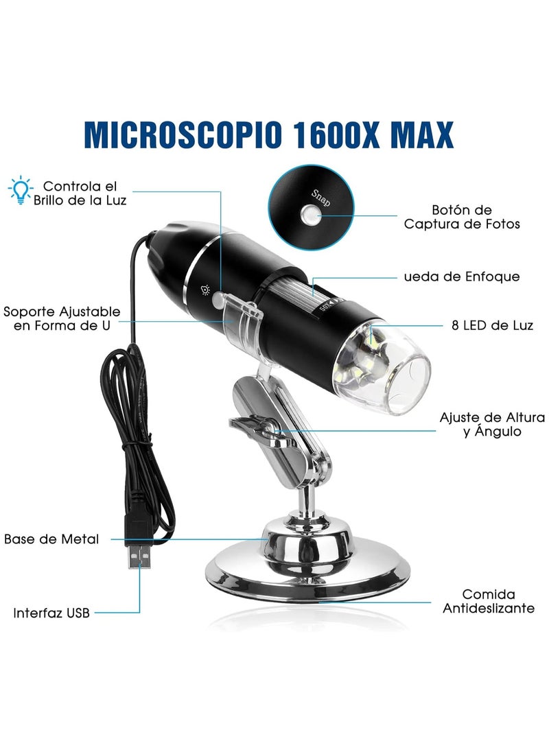 Generic - USB Digital Microscope 50X to 1600X - Portable Electron Microscope with 8 LED Magnification and Metal Stand - Image 1