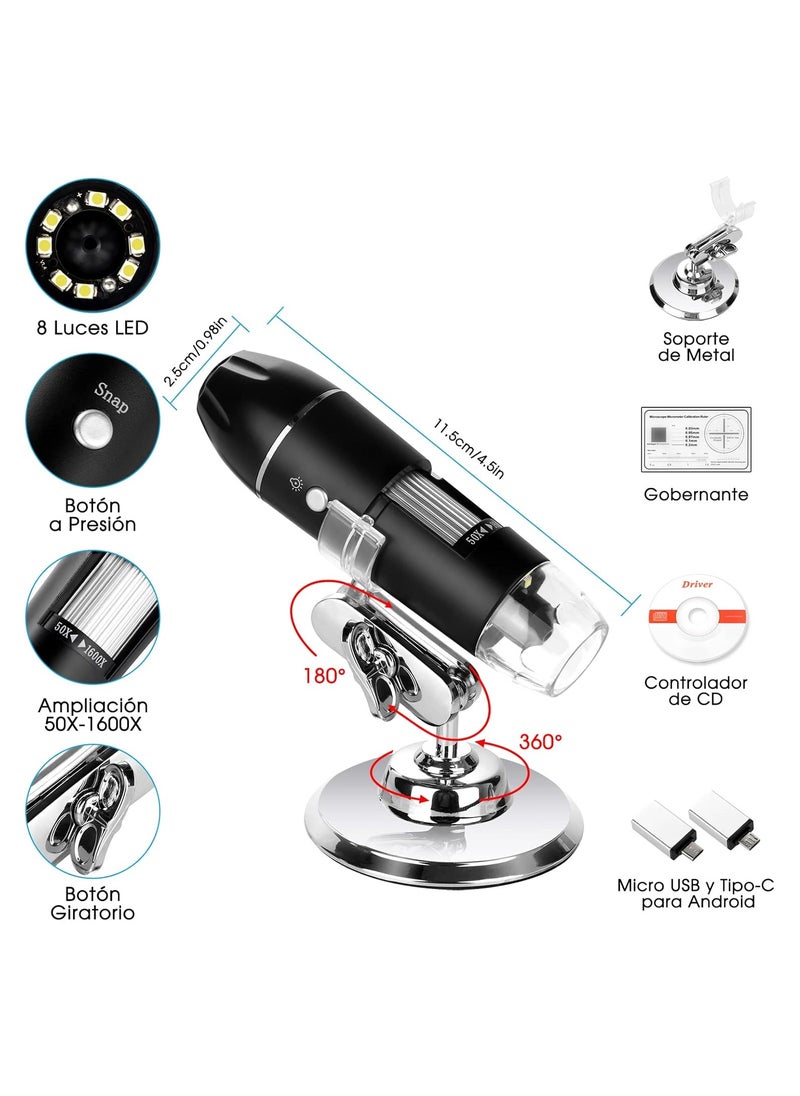 Generic - USB Digital Microscope 50X to 1600X - Portable Electron Microscope with 8 LED Magnification and Metal Stand - Image 1