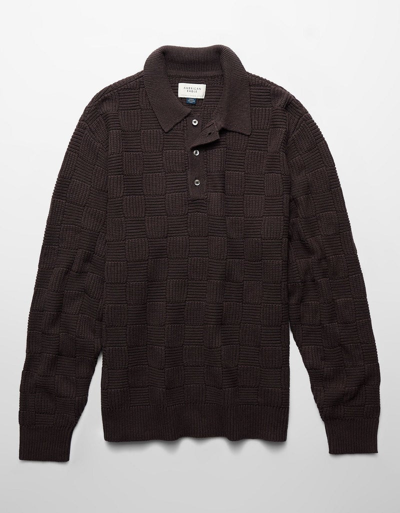 American Eagle AE Long Sleeve Checkered Polo Shirt - Image 3