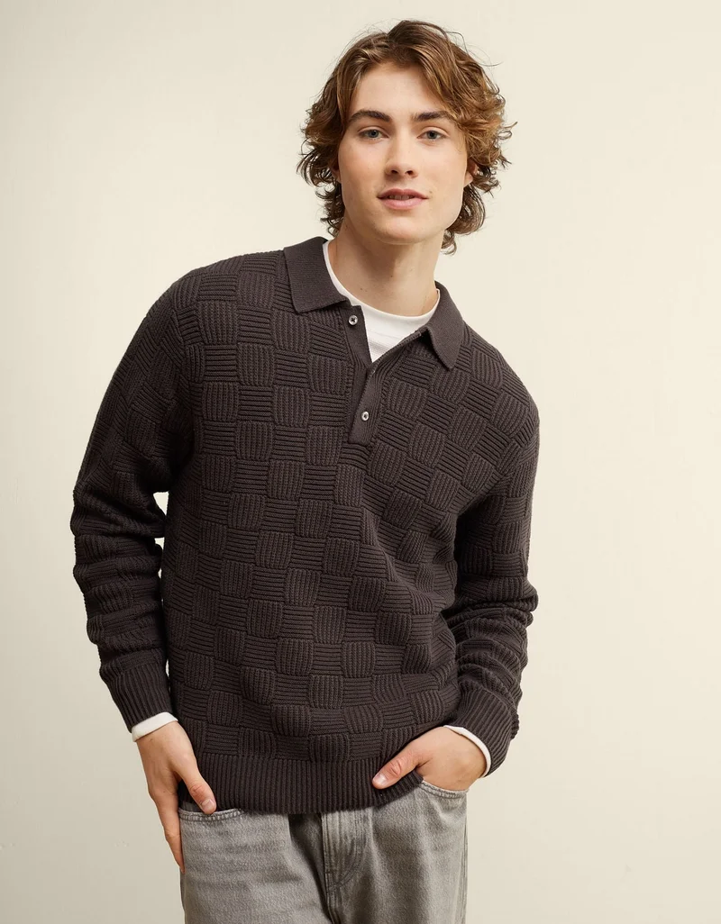 AE Long Sleeve Checkered Polo Shirt