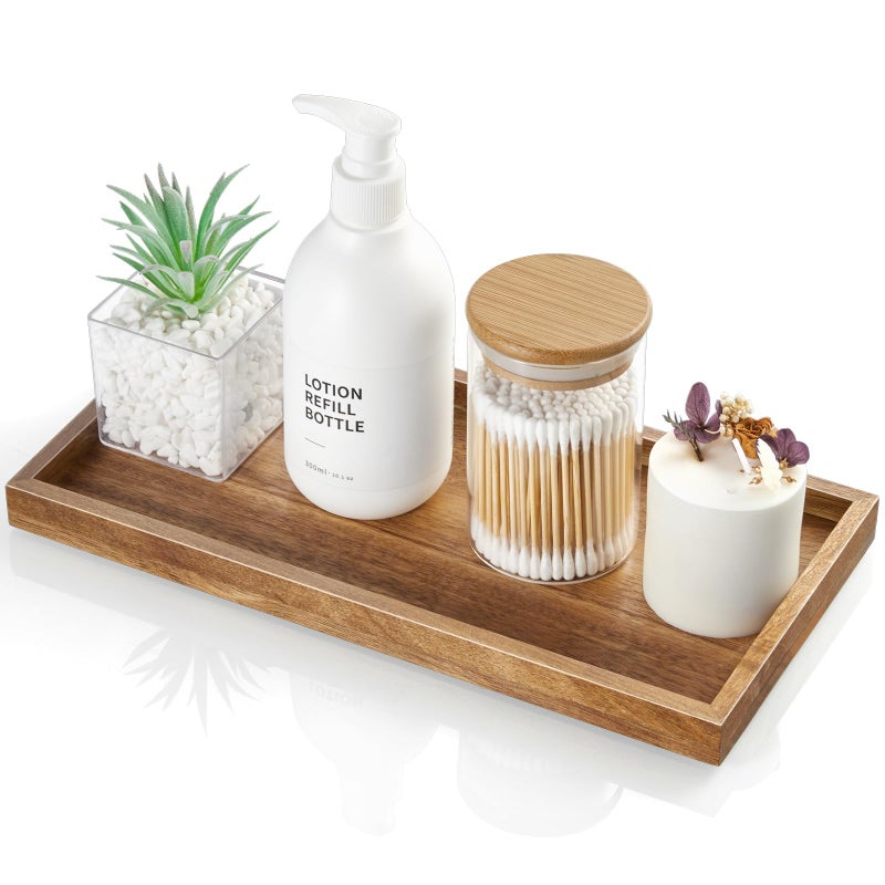 ALELION 117 Bathroom Vanity Tray for Counter  Acacia Wood Decorative Tray for Toilet Tank Makeup Perfume Jewelry Catchall Coffee Table  Wooden Kitchen Countertop Organizer for Soap Dispenser