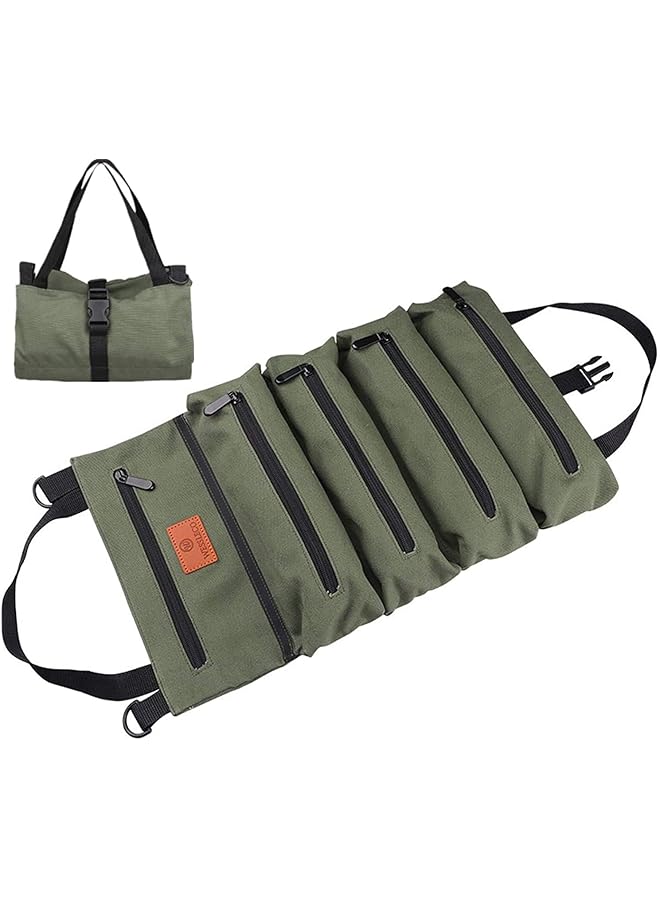 PROMASS promass Roll Up Tool Bag,Multi-Purpose Tool Organizer,Canvas Tool Roll Pouch with 5 Spacious Pockets (Green)  - Image 1