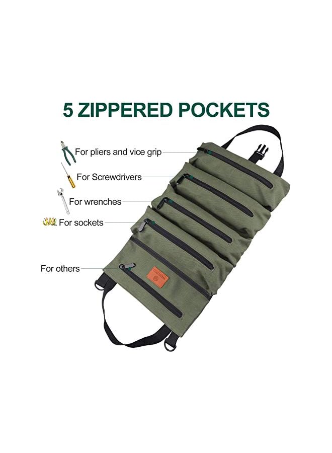 PROMASS promass Roll Up Tool Bag,Multi-Purpose Tool Organizer,Canvas Tool Roll Pouch with 5 Spacious Pockets (Green)  - Image 4