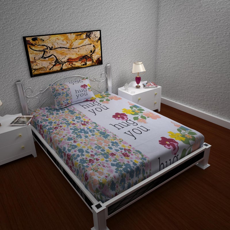 144 TC Premium Cotton Printed Flat Bedsheet for Single Size Bed with 1 Pillow Covers (White, 60x90 inch) BAZ  - Image 1