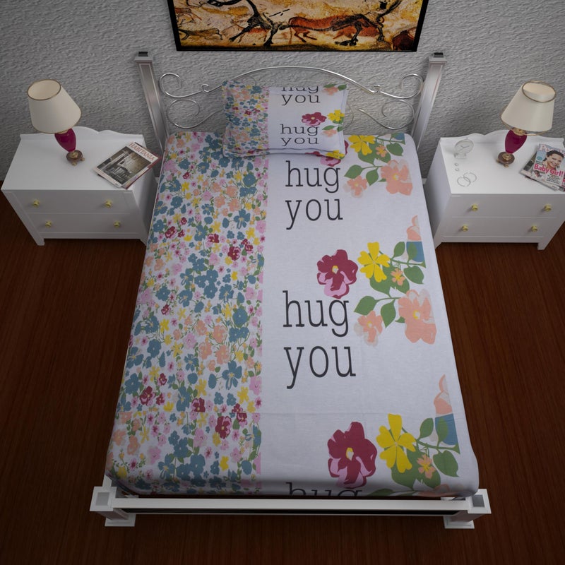 144 TC Premium Cotton Printed Flat Bedsheet for Single Size Bed with 1 Pillow Covers (White, 60x90 inch) BAZ  - Image 4