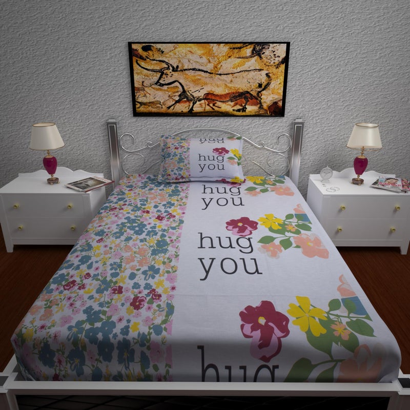 144 TC Premium Cotton Printed Flat Bedsheet for Single Size Bed with 1 Pillow Covers (White, 60x90 inch) BAZ  - Image 2