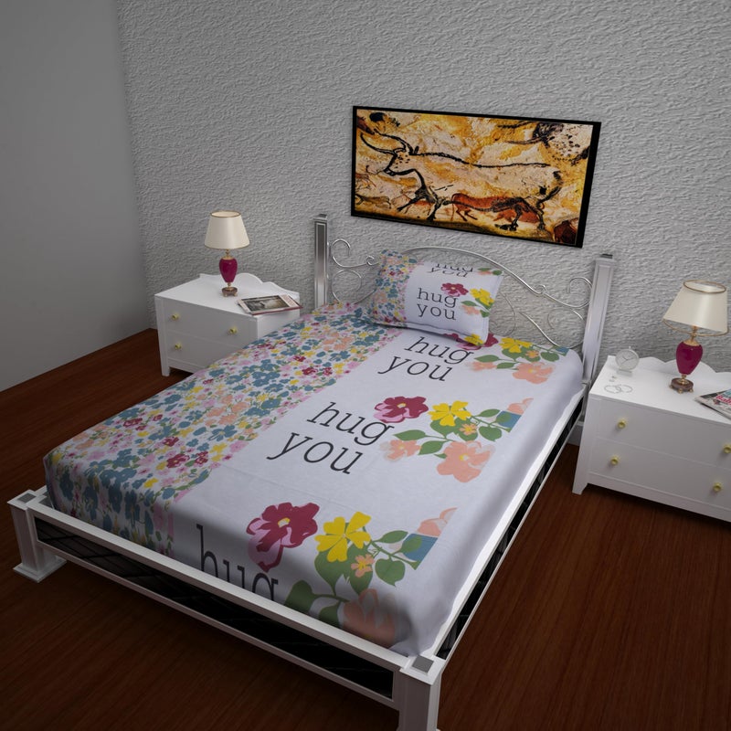 144 TC Premium Cotton Printed Flat Bedsheet for Single Size Bed with 1 Pillow Covers (White, 60x90 inch) BAZ  - Image 3