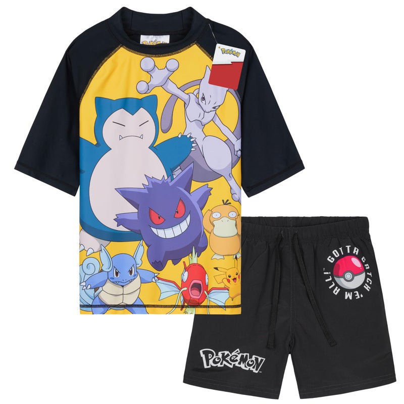 Get Trend Pokemon Bathing Suit Set for Boys Teens 2 Pcs Swim Trunks Rash Guard (7-8 Years, Black Pokemon) - Image 1