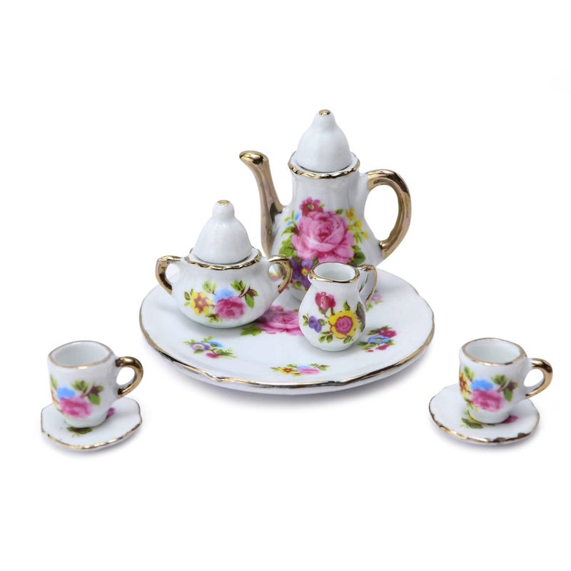 Cutemini Dollhouse Tea Cup Sets 16 Scale Miniature Porcelain Dollhouse Accessories 8PCS Flower Pattern Teapot Platter Dish Sets Dollhouse Kitchen Supplies Decoration Pink - Image 3