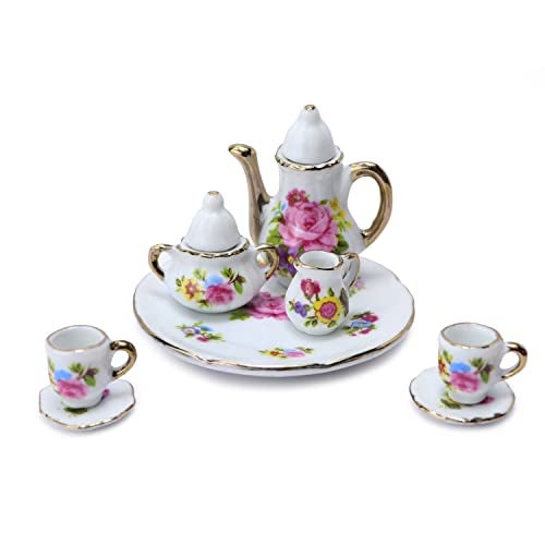 Cutemini Dollhouse Tea Cup Sets 16 Scale Miniature Porcelain Dollhouse Accessories 8PCS Flower Pattern Teapot Platter Dish Sets Dollhouse Kitchen Supplies Decoration Pink - Image 1