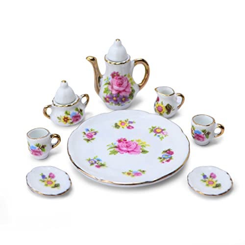 Cutemini Dollhouse Tea Cup Sets 16 Scale Miniature Porcelain Dollhouse Accessories 8PCS Flower Pattern Teapot Platter Dish Sets Dollhouse Kitchen Supplies Decoration Pink - Image 5