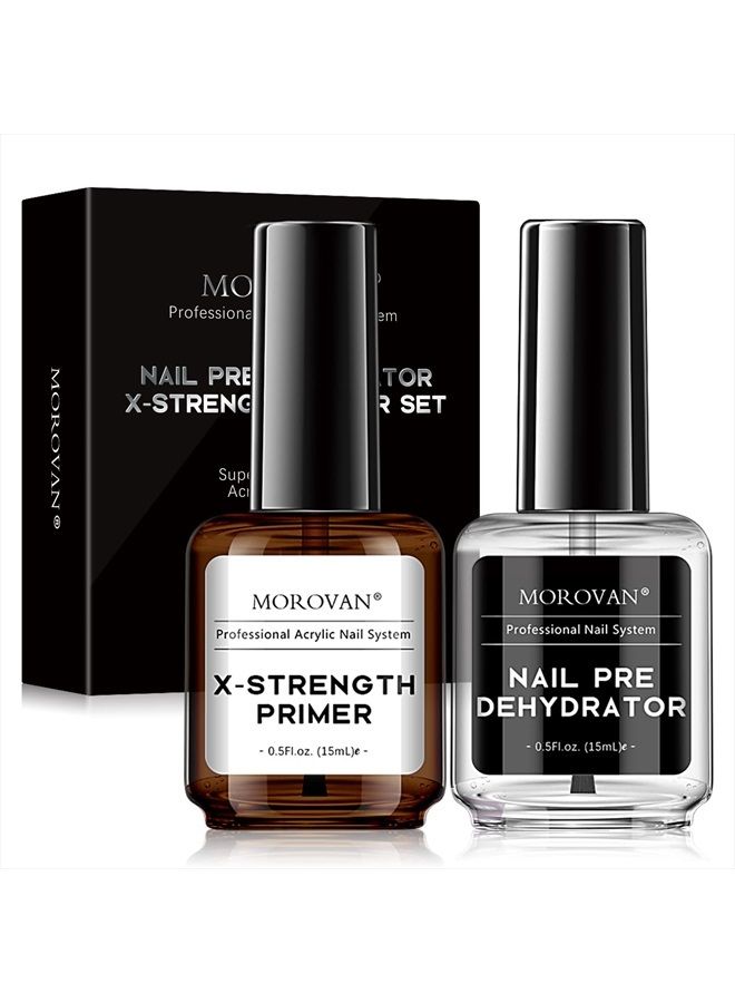 morovan Nail Primer and Dehydrator for Acrylic Nails, Professional No Burn Fast Air Dry Nail Prep Dehydrator and X-Strength Primer Superior Natural, Acrylic Powder Application (0.5Fl oz) - Image 1