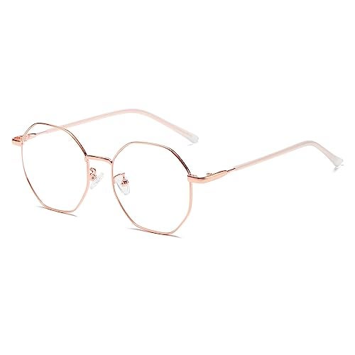 WHHJM Polygon Blue Light Blocking Glasses for Women Men Retro Octagon Square Non-prescription Metal Frame Eyeglasses (Rose Gold) - Image 1
