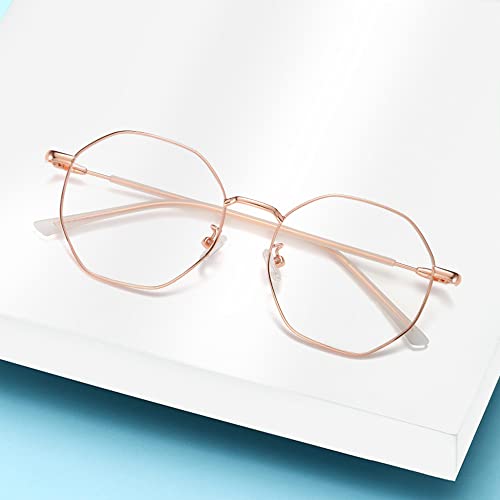 WHHJM Polygon Blue Light Blocking Glasses for Women Men Retro Octagon Square Non-prescription Metal Frame Eyeglasses (Rose Gold) - Image 5