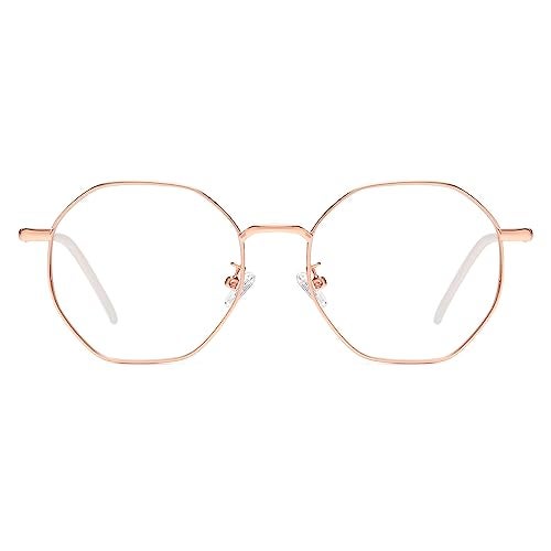 WHHJM Polygon Blue Light Blocking Glasses for Women Men Retro Octagon Square Non-prescription Metal Frame Eyeglasses (Rose Gold) - Image 2