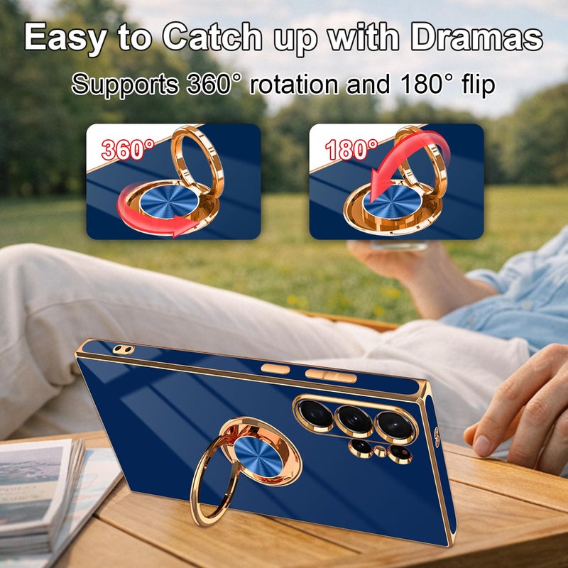 Tnarru Designed for Samsung Galaxy S24 Ultra Case with Ring Stand, Support Magnetic Car Mount Rotating Finger Holder Soft TPU Cover Plating Edge Protective Slim Phone Case for Samsung S24 Ultra Blue - Image 2