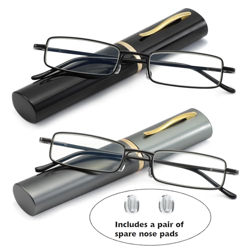 OWTXIS 2 Pack Blue Light Blocking Reading Glasses - Slim Pocket Readers with Pen Clip Case Mini Lightweight Readers (Black, Gunmetal, +1.50) - Image 2