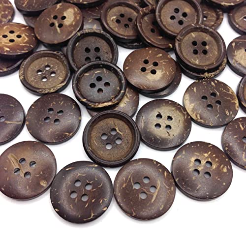 KARMELLING 50PC Coconut Shell Sewing Buttons Scrapbooking 4 Holes Round Dark Coffee 20mm (6/8") Dia - Image 1