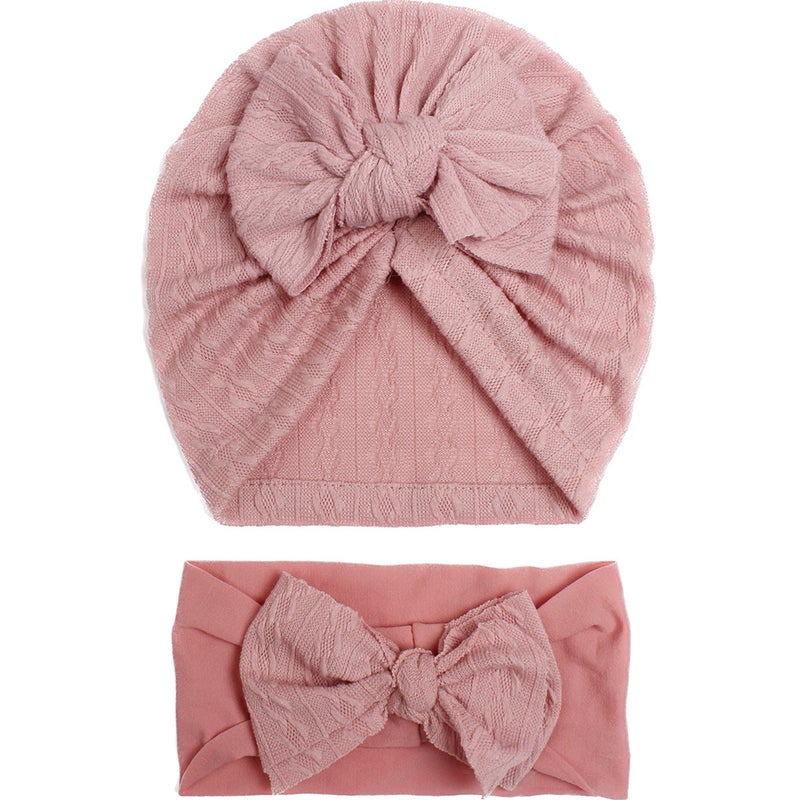 Generic European and American Summer New Baby Jacquard Hat Headband Set Bow Headband Combination Girls Cute Hat Pink