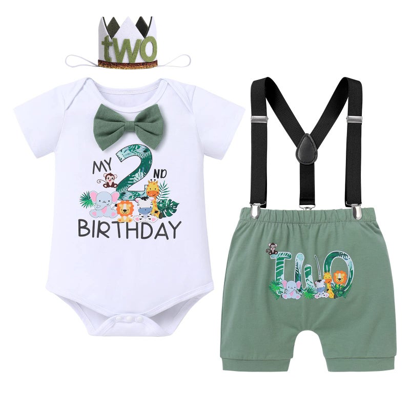 Wild One Birthday Outfit Boy Baby Toddler 2nd Second Birthday Cake Smash Two Years Old Jungle Safari Theme Party Woodland Zoo Animal Print Romper Shorts Suspenders Crown Hat 4pcs Bean Green 23T