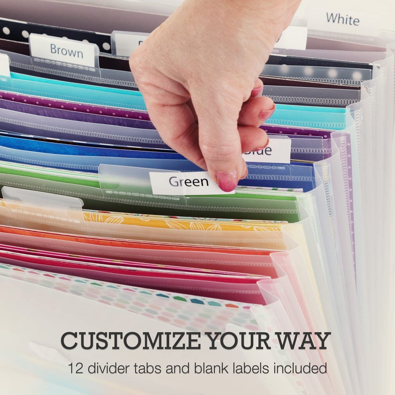 Samsill Expandable Paper Storage Organizer, 12 Pockets with Tabs, Holds 12x12 Inch Scrapbook, Vinyl Paper, Clear, Secure Flap Closure, Retractable Handle - Image 2