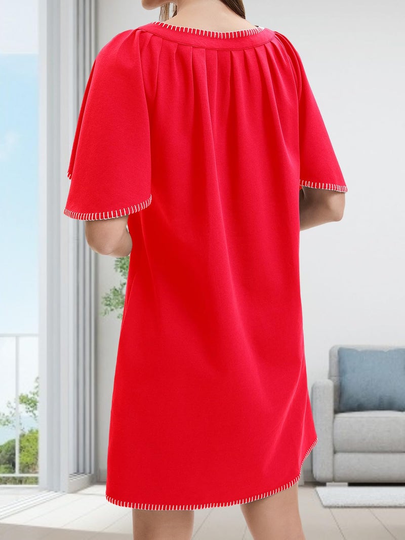HOULENGS Women's Summer Flutter Short Sleeve A Line Mini Dress Casual Contrast Trim V Neck Short Dress with Pockets Red Large - Image 2