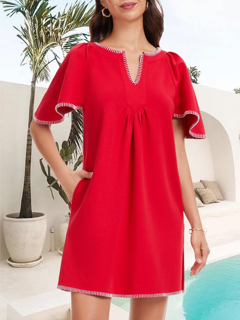 HOULENGS Women's Summer Flutter Short Sleeve A Line Mini Dress Casual Contrast Trim V Neck Short Dress with Pockets Red Large - Image 3